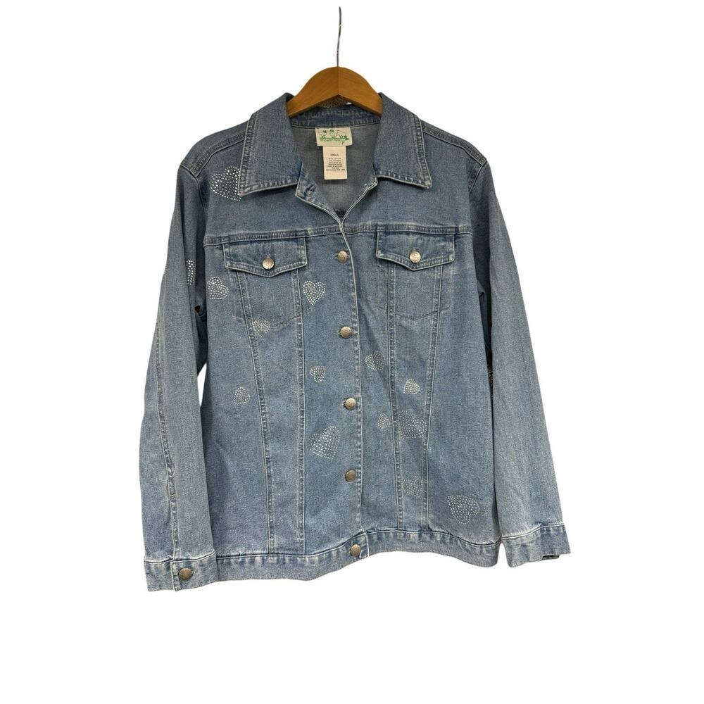 Vintage Quaker Factory Stretch‎ Denim Jacket Rhinestone Heart Womens Small